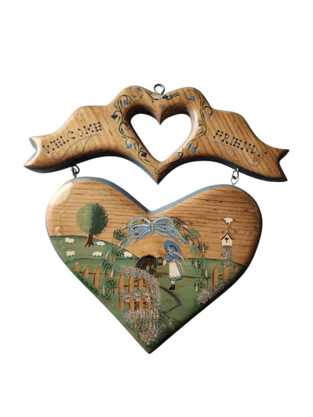 Vtg 90s Hand Paint Wood Welcome Heart Cottagecore Wall Hang Farmhouse Granny